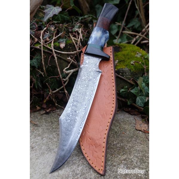 Beau Couteau Bowie Damas Inox Lame 256 Couches Manche Os Garde R�sine Etui Cuir Fabric Artisanale
