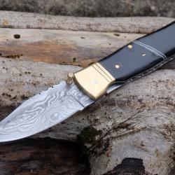 Beau Couteau Damas Lame Drop Point 128 Couches Manche B&eacute;lier & R&eacute;sine Fabric Artisanale Linerlock 03