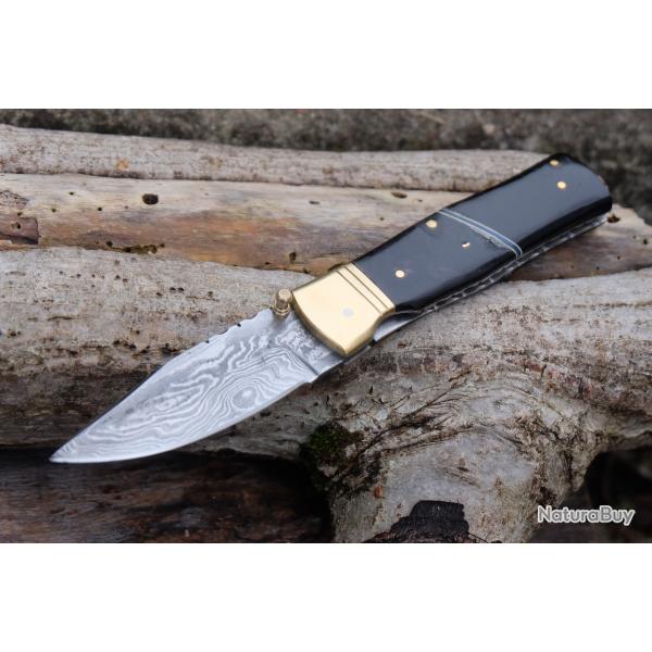 Beau Couteau Damas Lame Drop Point 128 Couches Manche B�lier & R�sine Fabric Artisanale Linerlock 03