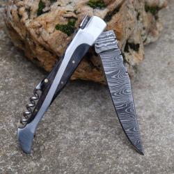 Couteau Damas Lame 128 Couches Fa&ccedil;on Laguiole Abeille Manche Bois/Acier Tire Bouchons F Artisanale