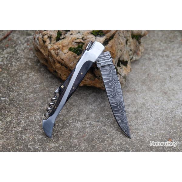 Couteau Damas Lame 128 Couches Fa�on Laguiole Abeille Manche Bois/Acier Tire Bouchons F Artisanale