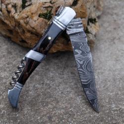 Couteau Damas Lame 128 Couches Fa&ccedil;on Laguiole Abeille Manche Bois/Acier Tire Bouchons F Artisanale01