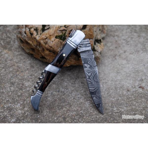 Couteau Damas Lame 128 Couches Fa�on Laguiole Abeille Manche Bois/Acier Tire Bouchons F Artisanale01