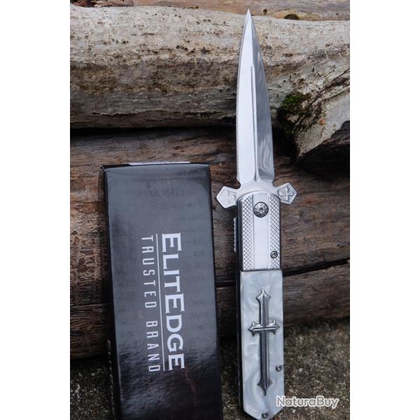 Couteau Dague Semi Automatique St Jean de Compostelle Lame Acier 440C Manche Marbre Abs Linerlock