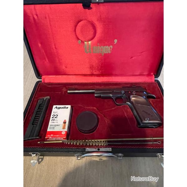 Splendide pistolet UniQue mod D6 calibre 22 long Eiffel, 2 chargeurs et malette