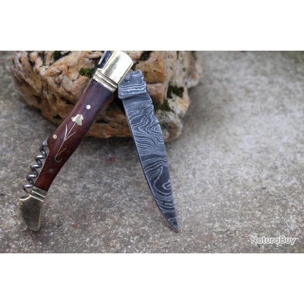 Couteau Damas Lame 128 couches Fa�on Laguiole Abeille Manche Bois Fleur Laiton T-Bouchons Artisan