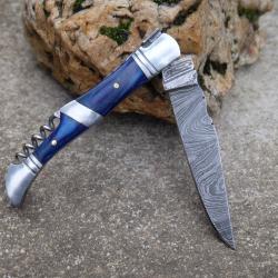 Couteau Damas Lame 128 Couches Fa&ccedil;on Laguiole Manche Atlantide/Acier Tire Bouchons F Artisanale