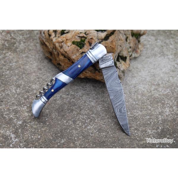 Couteau Damas Lame 128 Couches Fa�on Laguiole Manche Atlantide/Acier Tire Bouchons F Artisanale
