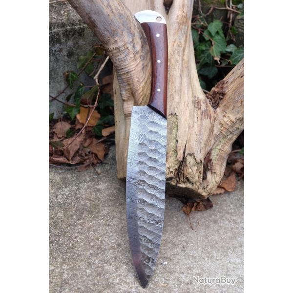 Couteau De Cuisine Style Japonais Lame Acier Damas 256 Couches Martel�e Manche Bois Fabr Artisanale