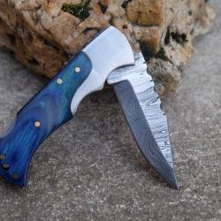 Couteau Lame Damas 128 Couches Manche Bois Atlantide Fa&ccedil;on Buck 112 Lockback Fabr Artisanale 01