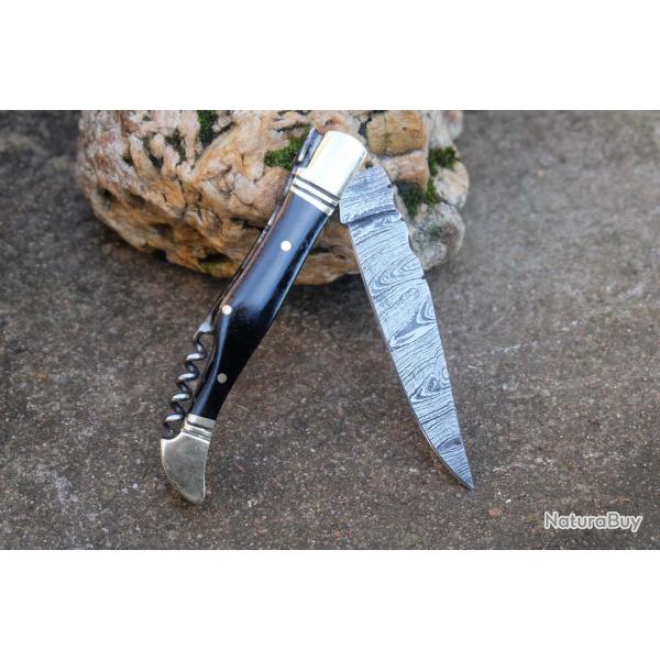 Couteau Damas Lame 128 Couches Fa�on Laguiole Abeille Manche Corne Tire Bouchons F Artisanale