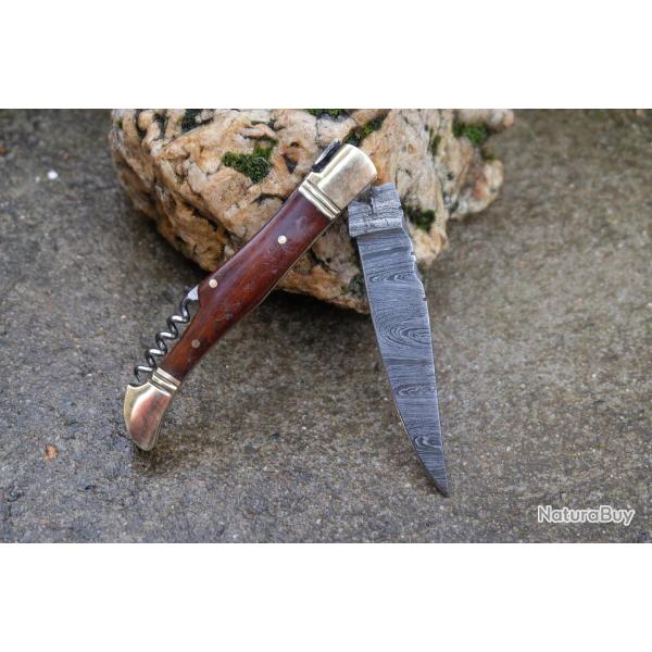 Couteau Damas Lame 128 Couches Fa�on Laguiole Abeille Manche Rosewood Tire Bouchons F Artisanale01