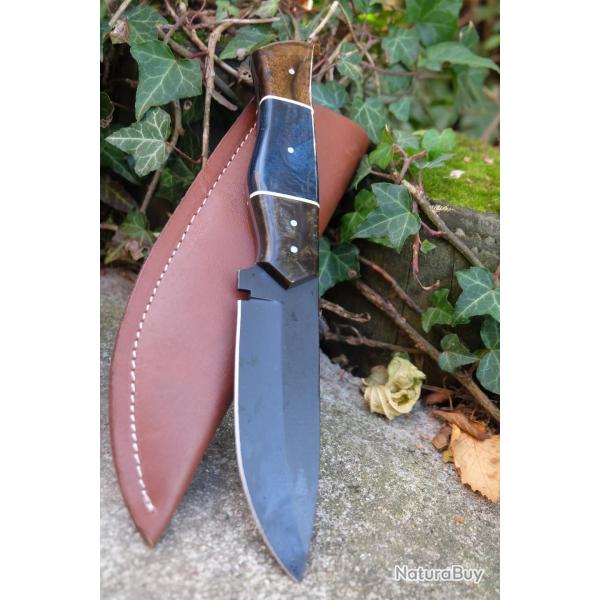 Couteau Skinner Lame Drop Point Acier Carbone 1055 Black Manche R�sine Etui Cuir Fab Artisanale