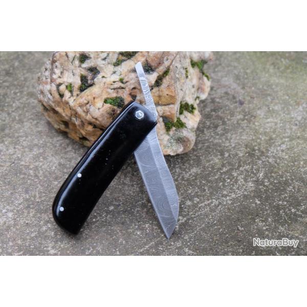 Couteau Pi�montais Manche R�sine Black Lame Acier Damas 128 Couches Sheepfoot Fabricat Artisanale