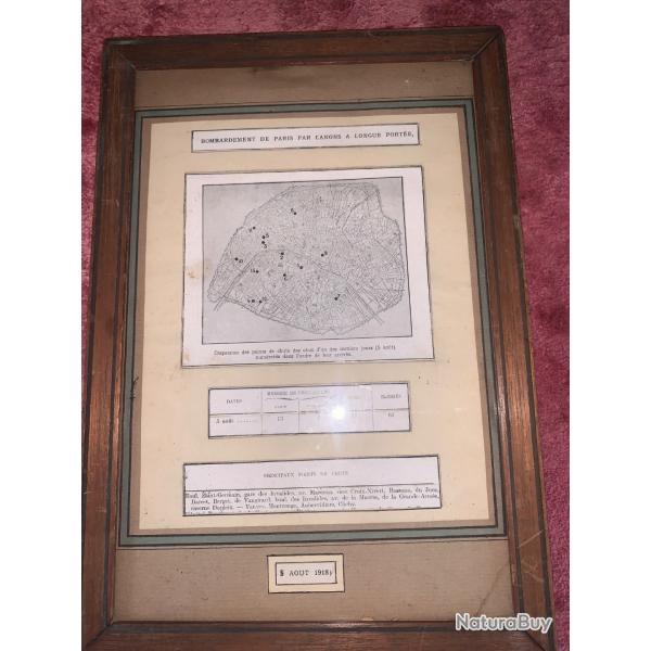 Bombardements de Paris du 5 Ao�t 1918 .  Cadre pr�sentant la carte des impacts .