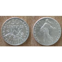 France 50 Centimes 1919 Piece Argent Semeuse Centime