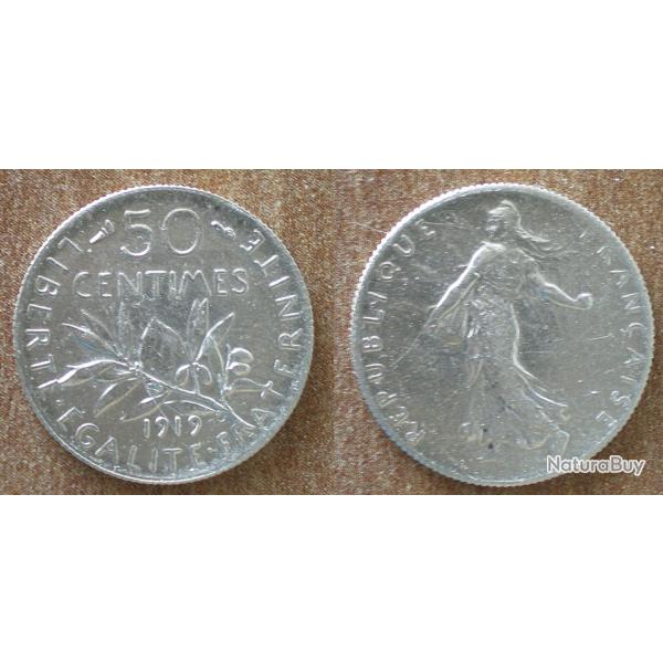 France 50 Centimes 1919 Piece Argent Semeuse Centime