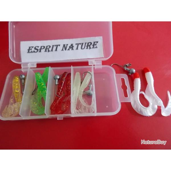 DESTOCKAGE ...boite 20 pi�ces. leurres souples + hame�ons t�tes plomb�es + �merillons + coffret