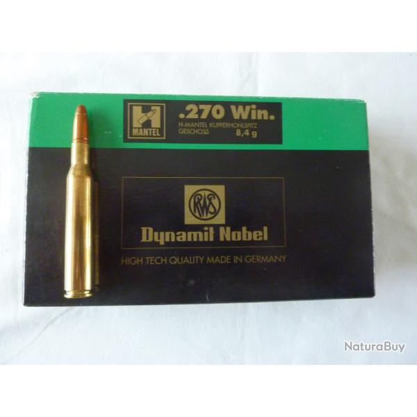 UNE BOITE DE 20 MUNITIONS  RWS  H-MANTEL  CALIBRE 270 WIN