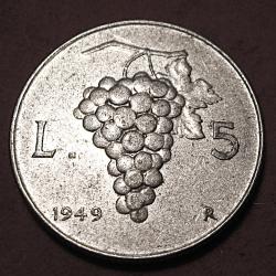 Italie piece de 5 lires  ( torche & grappe ) 1949 alu  ttb