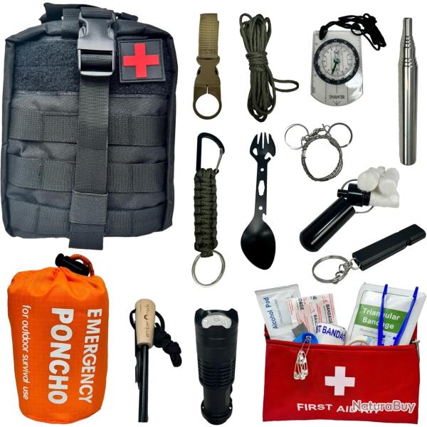Kit de Survie d'urgence 22 en 1 Bracelet Lampe Torche Allume Feu Trousse de Secours Boussole Sifflet