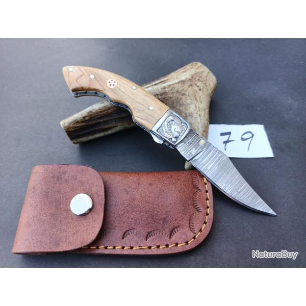couteau de poche pliant  Fait � Main Lame Acier Damas Manche en bois de olive 79