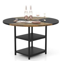 Table &agrave; manger ronde 119 cm pour 4-6 personnes avec rangement 2 &eacute;tag&egrave;res design rustique en MDF noi