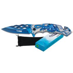 Couteau pliant t&ecirc;te de mort lame de 9 cm  &laquo; RainBlue &raquo; Lame perfor&eacute; couleur bleu