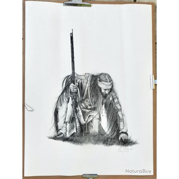 Lithographie originale sign�e - Ken SCHMIDT - � Indien accroupi �