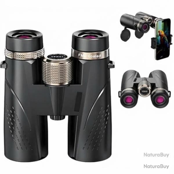 Jumelles 12x42 HD Etanches BAK4 FMC + Adaptateur Smartphone  Observation Oiseaux Randonn�e Chasse