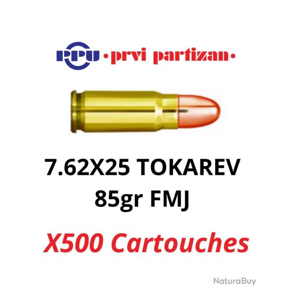 500 Cartouches 7,62x25 TOKAREV 85grs FMJ - PPU PRVI PARTIZAN