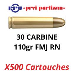 500 Cartouches PPU Calibre 30 CARBINE FMJ RN 110grs