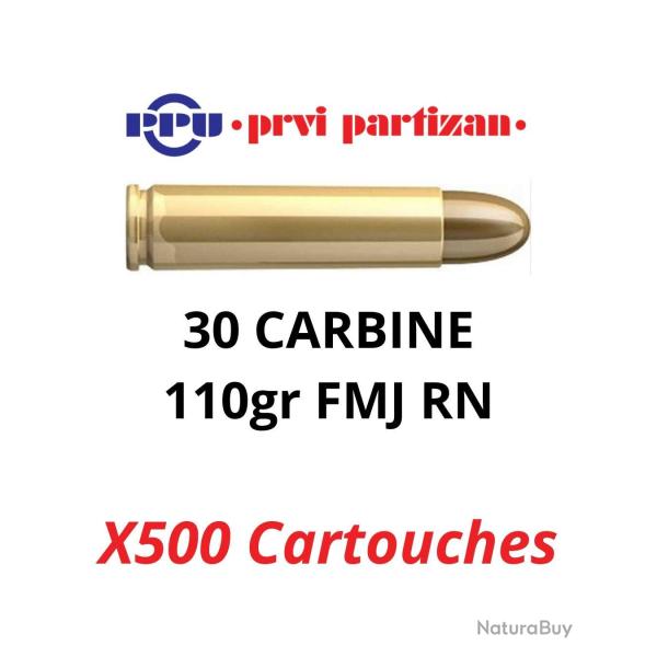 500 Cartouches PPU Calibre 30 CARBINE FMJ RN 110grs