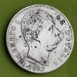 1 pi&egrave;ce UMBERTO I, argent, Italie 1887, 2 lires, &Oslash;27mm, 10gr dont 8,35gr d'argent, 835.0 �