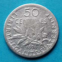 1 pi&egrave;ce de 50 centimes de Francs argent Semeuse, O.ROTY&nbsp;, 1898, &Oslash;18mm, 2,5gr dont 2,125gr d'argent