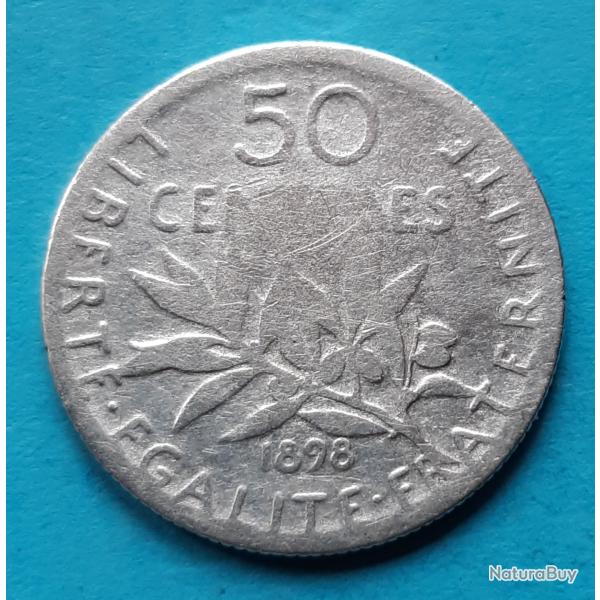 1 pi�ce de 50 centimes de Francs argent Semeuse, O.ROTY�, 1898, �18mm, 2,5gr dont 2,125gr d'argent
