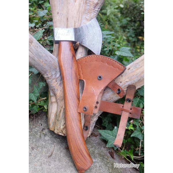 Hache Damas Hache de Jarl Viking Lame Acier Damas 512 Couches Manche Bois Etui Cuir Fabr ArtisanaleA