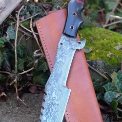 XXL BIG Couteau Tanto Damas Lame Trakker Acier 256 Couches Manche Corne Etui Cuir Fabric Artisanale