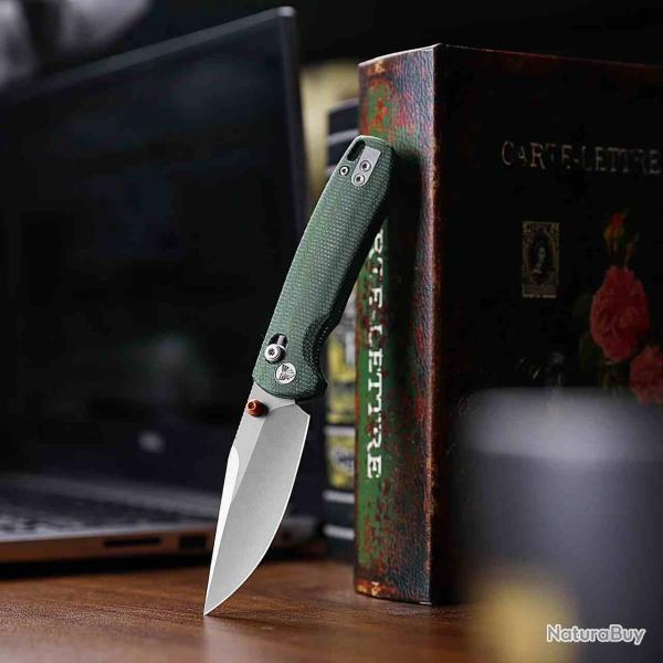 Couteau Trivisa Butterfly Lame Acier 14C28N Manche Green Micarta Crossbar Lock TVJM06GM14