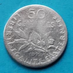 1 pi&egrave;ce de 50 centimes de Francs argent Semeuse, O.ROTY&nbsp;, 1899, &Oslash;18mm, 2,5gr dont 2,125gr d'argent