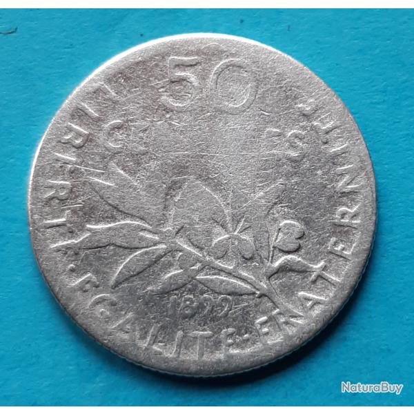 1 pi�ce de 50 centimes de Francs argent Semeuse, O.ROTY�, 1899, �18mm, 2,5gr dont 2,125gr d'argent