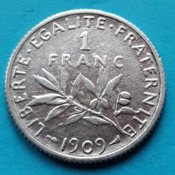 1 pi&egrave;ce de 1 Francs argent Semeuse, O.ROTY&nbsp;, 1909, &Oslash;23mm, 5gr dont 4,25gr d'argent  835.0 �
