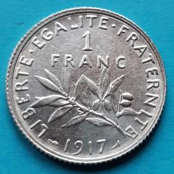 1 pi&egrave;ce de 1 Francs argent Semeuse, O.ROTY&nbsp;, 1917, &Oslash;23mm, 5gr dont 4,25gr d'argent  835.0 �