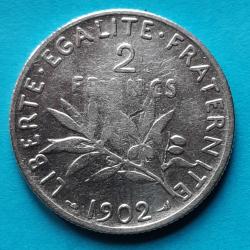 1 pi&egrave;ce de 2 Francs argent Semeuse, O.ROTY&nbsp;, 1902, &Oslash;27mm, 10gr dont 8,5gr d'argent  835.0 �
