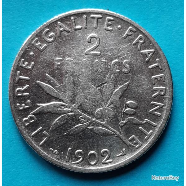 1 pi�ce de 2 Francs argent Semeuse, O.ROTY�, 1902, �27mm, 10gr dont 8,5gr d'argent  835.0 �