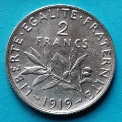 1 pi&egrave;ce de 2 Francs argent Semeuse, O.ROTY&nbsp;, 1919, &Oslash;27mm, 10gr dont 8,5gr d'argent  835.0 �