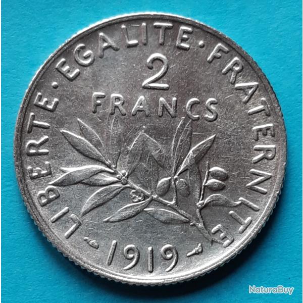 1 pi�ce de 2 Francs argent Semeuse, O.ROTY�, 1919, �27mm, 10gr dont 8,5gr d'argent  835.0 �