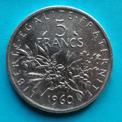 1 pi&egrave;ce de 5 Francs argent Semeuse, O.ROTY&nbsp;, 1960, &Oslash;29mm, 12gr dont 10,2gr d'argent  835.0 �