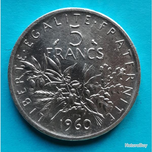 1 pi�ce de 5 Francs argent Semeuse, O.ROTY�, 1960, �29mm, 12gr dont 10,2gr d'argent  835.0 �