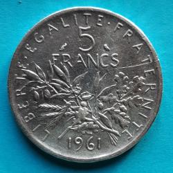 1 pi&egrave;ce de 5 Francs argent Semeuse, O.ROTY&nbsp;, 1961, &Oslash;29mm, 12gr dont 10,2gr d'argent  835.0 �